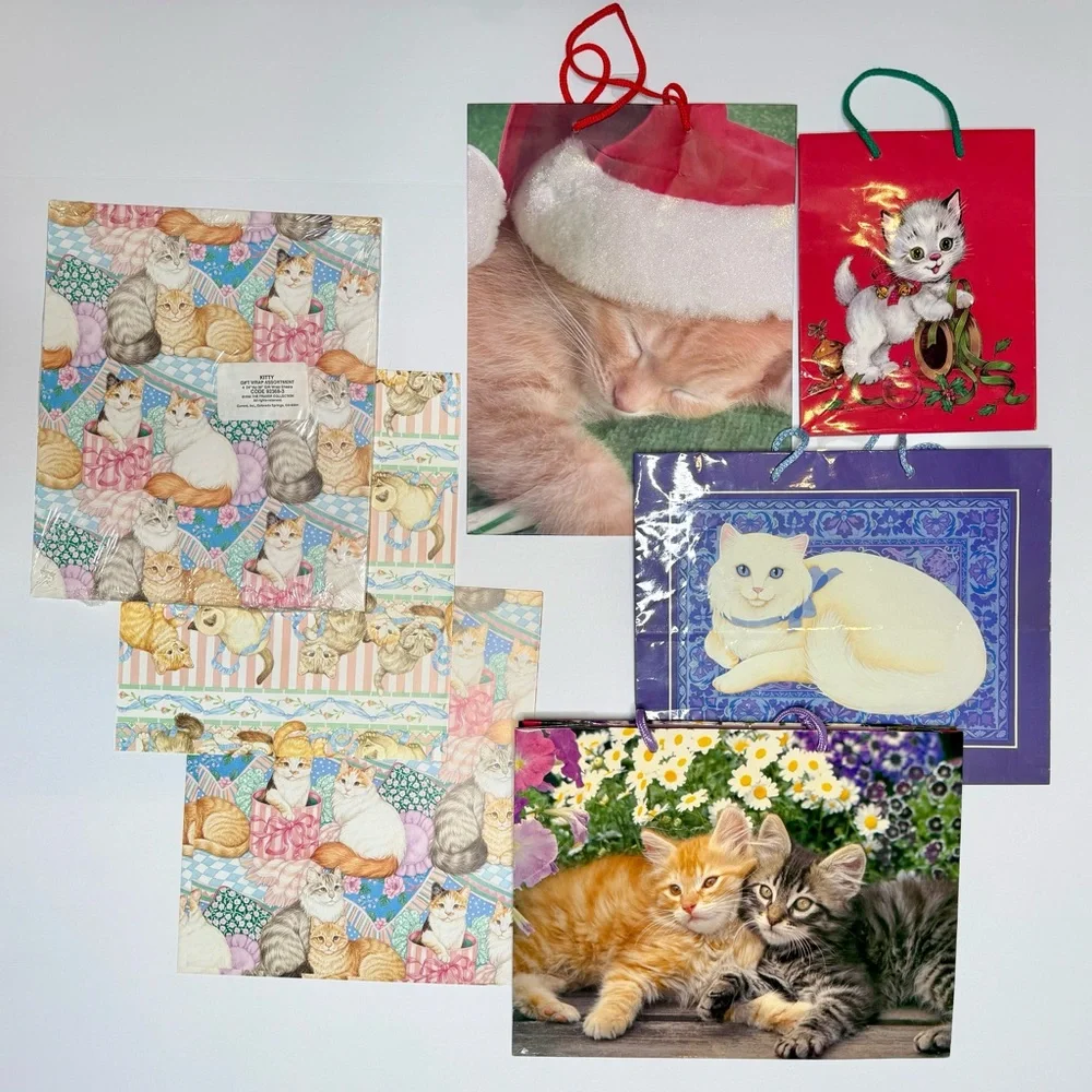 Vintage Colorful Cat Themed Gift Bags and Wrapping Paper Set